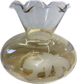 Light Amber Etched Glass Console Vase Ruffled Rim Lilies Yellow 4.75 inch